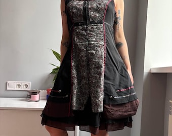 grunge mini dress Funky Fresh Vintage Patchwork Black Red Grommet Layered Ruffle Hem Steampunk Y2K Festival Avant Garde Dress Size M priority-collection: Christmas Female