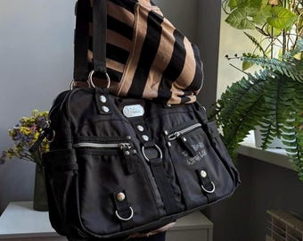Catwalk Black Nylon Bag Multi Pocket Tote Handbag Silver Hardware D Ring Utility Shoulder Bag Y2K Streetwear Purse