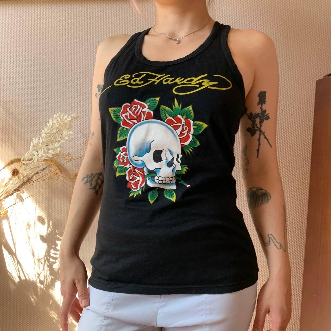 ヴィンテージ エド・ハーディー スカル ローズ タンクトップ：Y2K