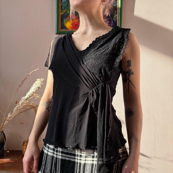 Vintage Black Asymmetrical draped Sheer Lace Top Y2K Grunge Streetwear Festival Retro Polyamide Artsy Minimalist