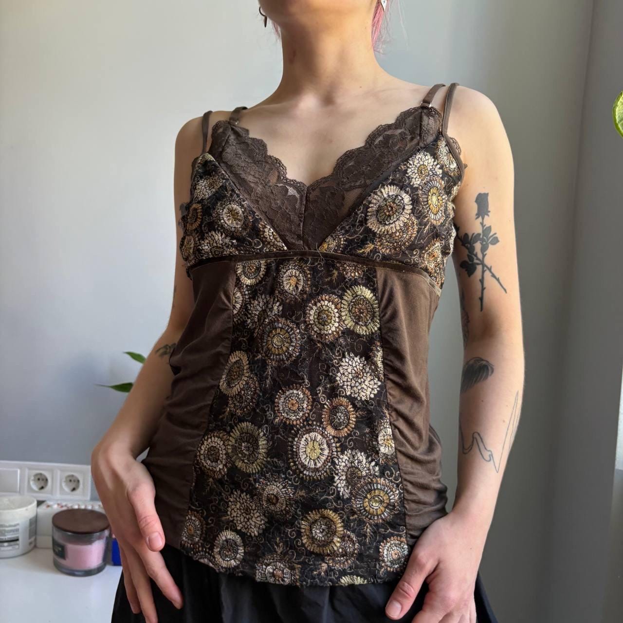 Vintage Y2K Brown Layered Lace Cami Top Gold Floral Brocade Empire