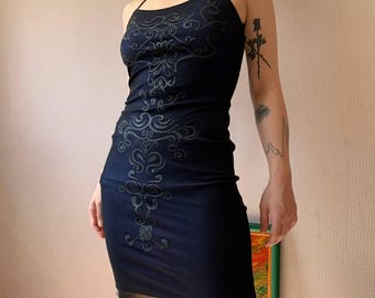 Vintage Y2K Black Mesh sexy layered Slip Dress, UK Made Bodycon, Sheer Nylon Spaghetti Strap Retro Clubwear