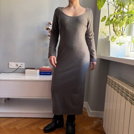 grey fitted maxi dress Twenty8Twelve Minimalist Wool Long Sleeve Bodycon Clean Girl Statement Gown (S) bodycon dress