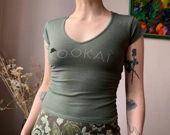 Y2K Kookai Olive Green Rhinestone Fitted Top (XS–S)