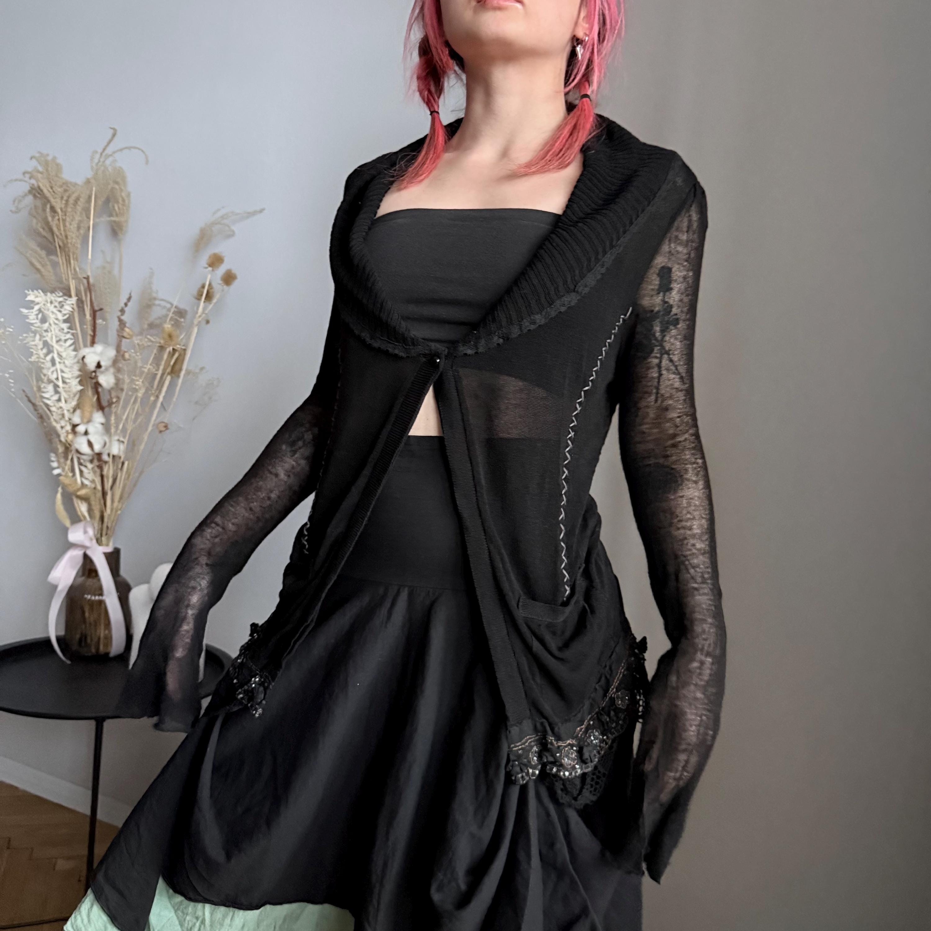 Nicowa Sheer Gothic Cardigan – Black Lace Trim Mesh Knit Top
