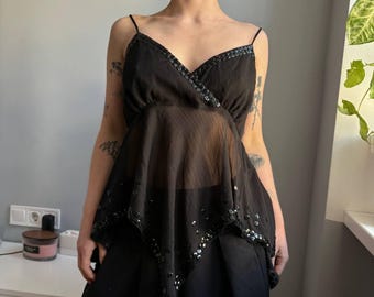 Y2K Sheer Fairy Beaded Chiffon top Whimsigoth Black Layered Asymmetric Festival top Indie Sleaze Party