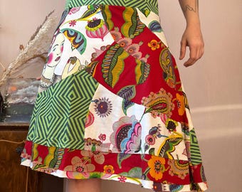 Falda Boho Patchwork A-Line M – Falda 100% Algodón con Estampado Colorido, Pieza Artística Retro