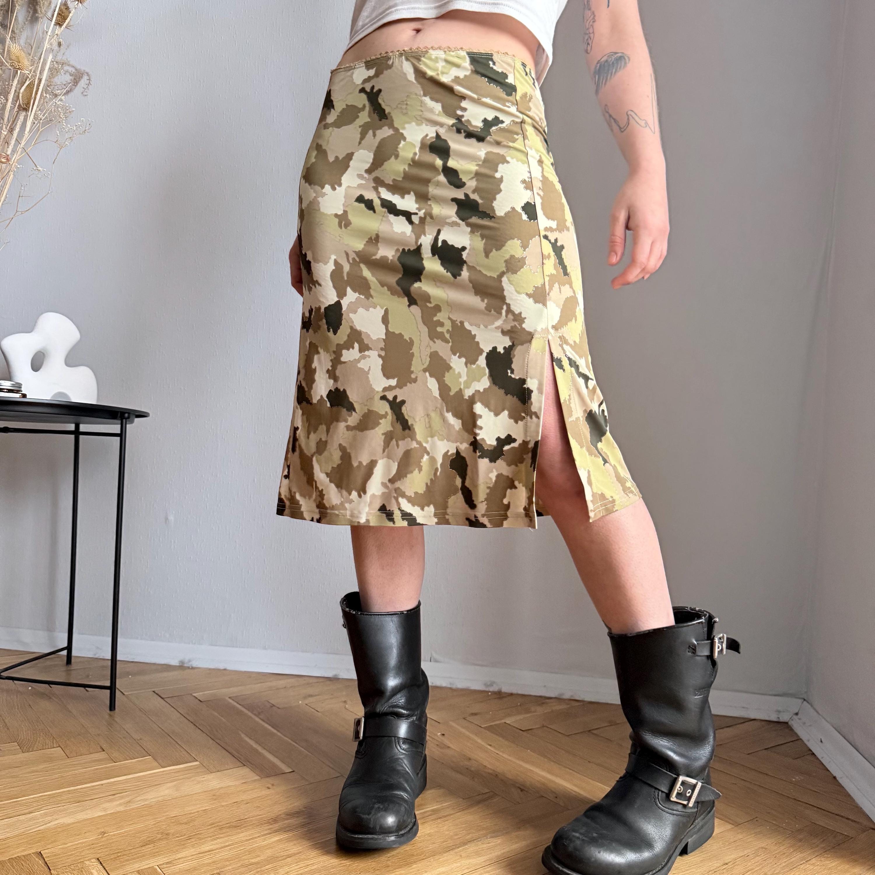 Camo Midi Skirt – 90s Y2k Camouflage Slip Skirt With Side Slit