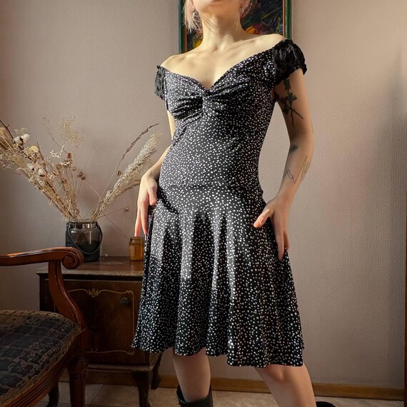 Y2K Morgan Paris Polka Dot Dress - Off Shoulder Sweetheart Flare Mini, French Coquette Party Gown Y2K Morgan Paris Polka Dot Dress - Off Shoulder Sweetheart Flare Mini, French Coquette Party Gown