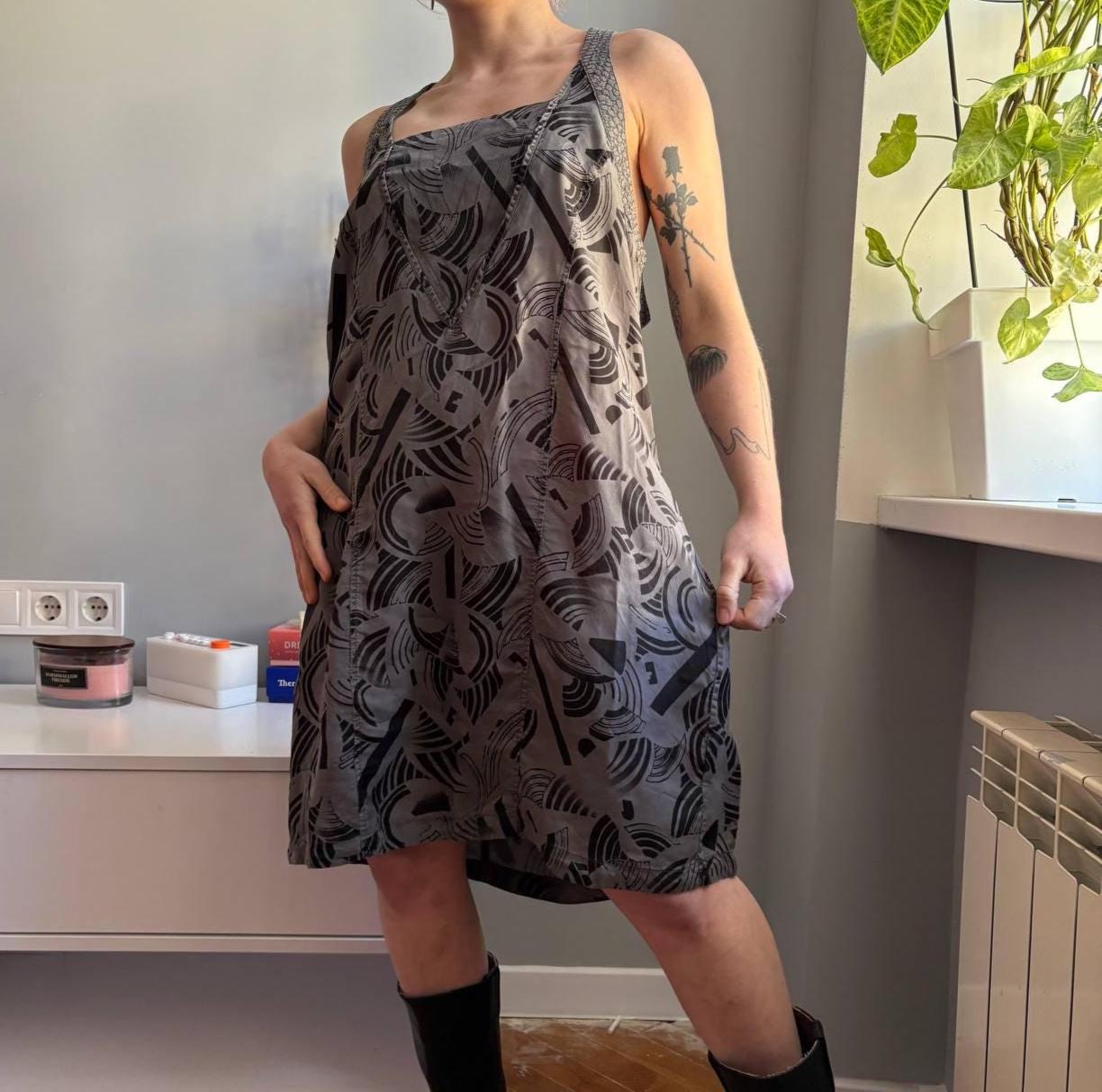 Vintage Diesel Mini Dress Y2K Grey Abstract Print Racerback Tech 