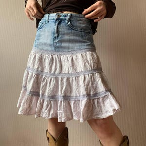 Boho Western Denim Patchwork Cottagecore Lace Ruffle Skirt