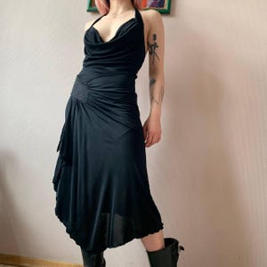 Vintage Y2K Black asymmetrical Halter Slip Dress – 90s Grunge style, Cowl Neck, Backless Goth Party Dress, Minimalist, Slinky look