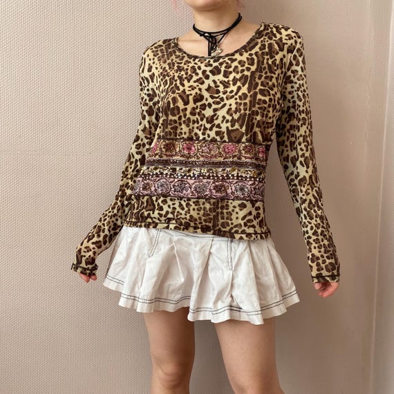 Vintage Marc Aurel leopard print beaded mesh top