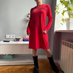 90s tommy hilfiger dress XS 90s Tommy Hilfiger Red Plaid A Line Dress | Vintage Spaghetti Strap Knit  Midi Dress