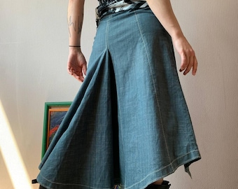 Denim Look Midi Skirt: Asymmetrical Y2K Boho Festival Style