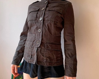 Vintage Zara Military Jacket: Brown Cotton Safari Core Streetwear