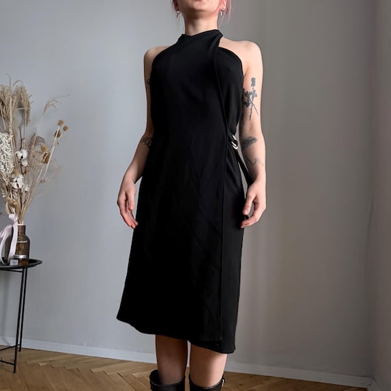 minimalist chic black halter dress ASOS DESIGN high neck minimal halter midi dress with cross back in black