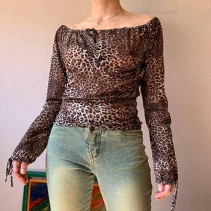 VTG Select Sheer Mesh Blouse | Off Shoulder Size 12 Animal Print Top | 2000s Party