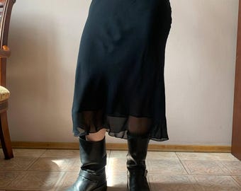 Vintage Black Chiffon Sheer Hem Slip Midi Skirt