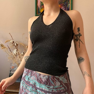 O by Isabell Kristensen Metallic Knit Y2K Party Sparkly Halter Tank Top, Size S
