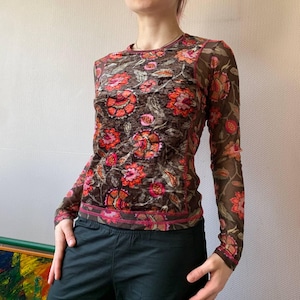 Mesh Floral Top – Y2K Sheer Long Sleeve Shirt, Brown Red Boho Grunge, 90s 2000s style Streetwear, Indie Fairycore
