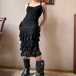 Stunning Karen Millen Crochet Ruffle Dress | Y2K Boho Grunge Black Midi |  Cottagecore Streetwear Layered Knit Festival Dress Romantic Goth - Etsy
