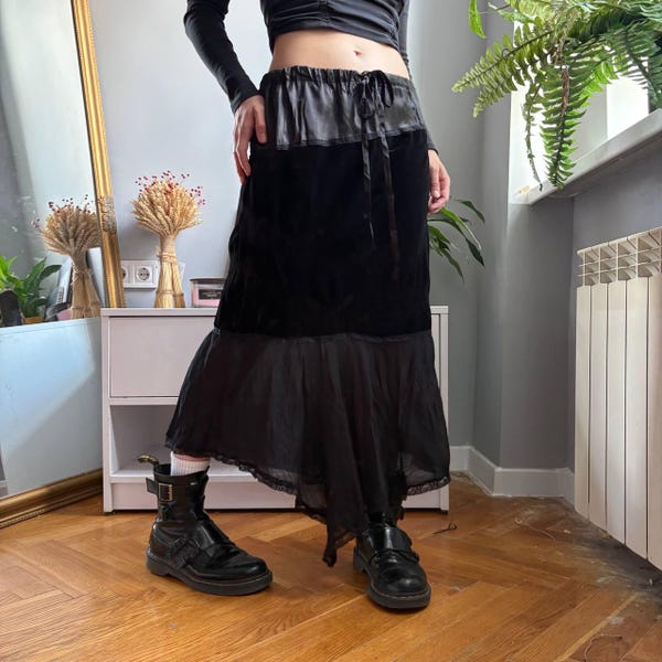 Vintage Astuces Black Velvet Maxi Skirt | Mixed Media Chiffon Flounce Hem | Witchy Lace Trim Drawstring Skirt French Size 2