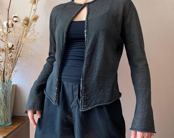 Vintage Nicole Farhi Cardigan: Charcoal Cotton Blend Knit Top