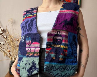 Handmade Folk Knit Vest — Colorful Patchwork Boho 80s Style, One-of-a-Kind
