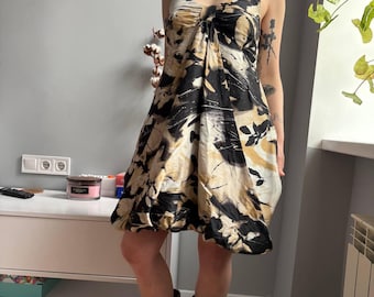 Silk Halter Bubble Dress Abstract Botanical Paint Splash Print Open Back Black Gold Cream — Y2K Avant Garde Vintage Streetwear