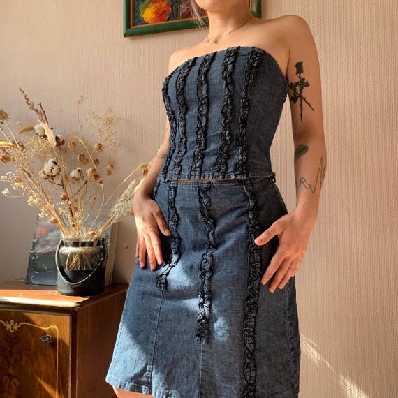 denim two piece dress Denim Two-Piece Set FashieDoll