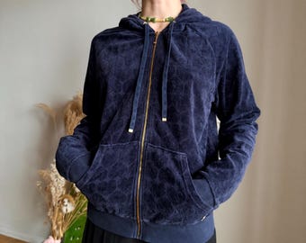 Juicy Couture marineblauwe velours hoodie met rits L – hartprint Y2K jaren 2000 Lounge Streetwear