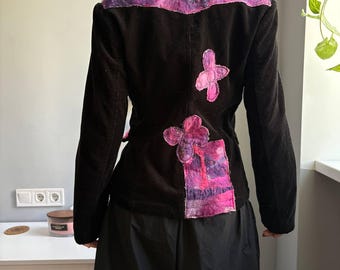 Black Velvet Hand Felted Blazer Floral Applique Y2K Artisian Unique Jacket S