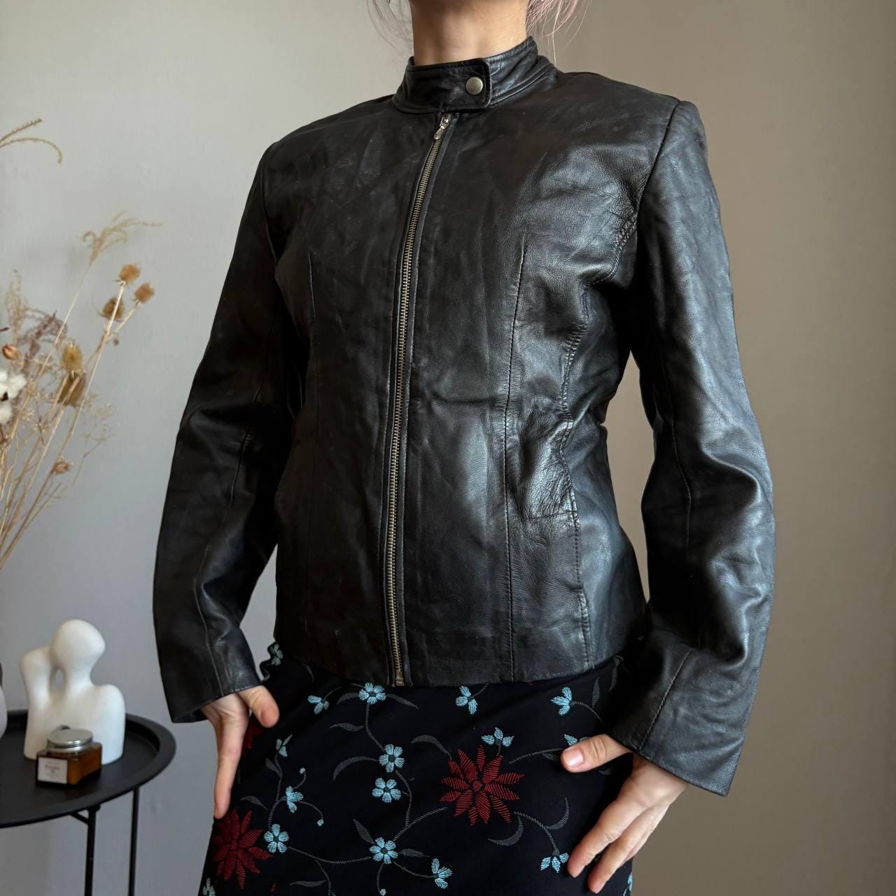 希少 9CHAINS ピックレザージャケット 00s Y2K Vintage Black Leather Jacket Y2K Fitted Moto Zip Minimalist 2000s
