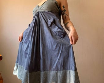 Vintage Two-Tone Babydoll Dress: Empire Waist, Pockets - Minimalist Indie Style