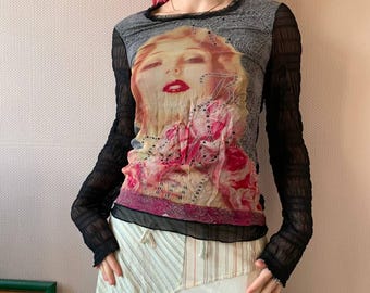 Vintage y2k printed mesh top made with silk