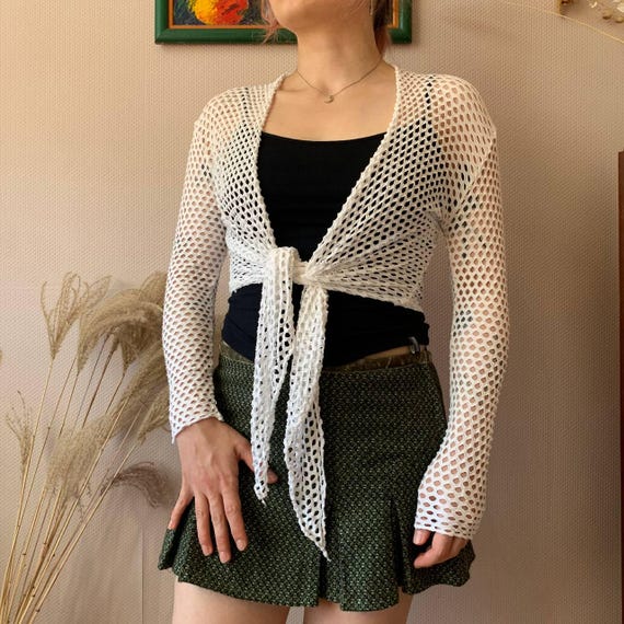 Y2K Vert de Rage White Mesh Net Tie Front Fishnet… - image 4