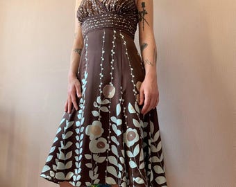 Ted Baker Silk Floral Midi Dress: Y2K Brown Slip, XS