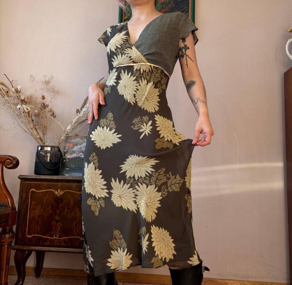 Principles Brown Floral Midi Dress - Wrap Dress with Silk Trim, Autumn Boho Chic Style