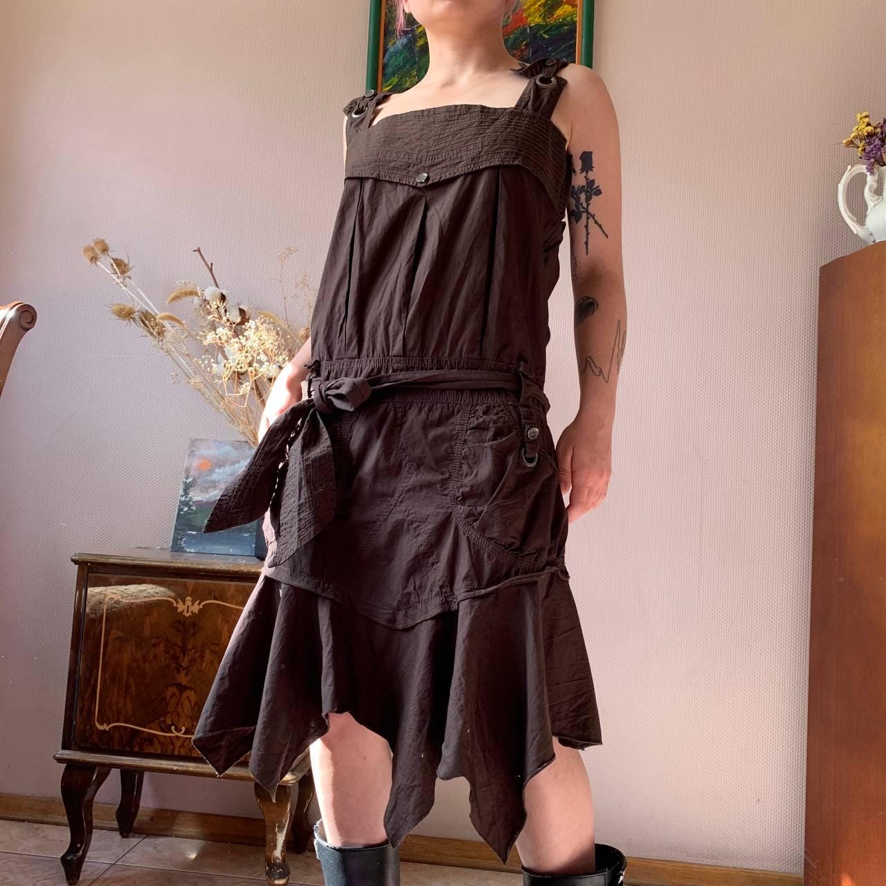 Vintage Asymmetrical Cotton Dress: Handkerchief Hem, Y2K Streetwear