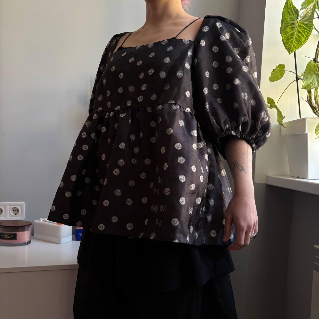 Stine Goya Babydoll Top Black Polka Dot Puff Sleeve Blouse Danish