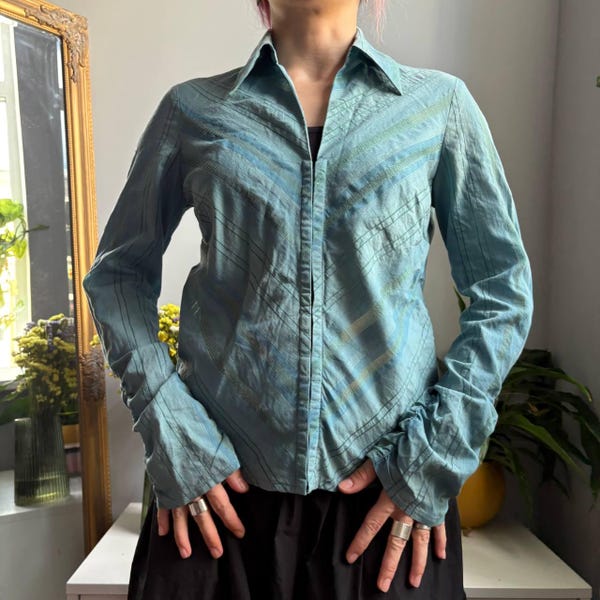 Vintage Promod 2000s Teal Shirt Shimmer Office Core Blouse Y2K Cyber Size M