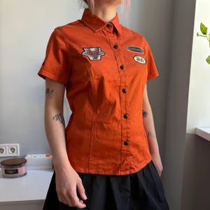 Harley Davidson Patch Shirt Y2K Biker Button Up Orange Fitted Moto Top Vintage Motorcycles