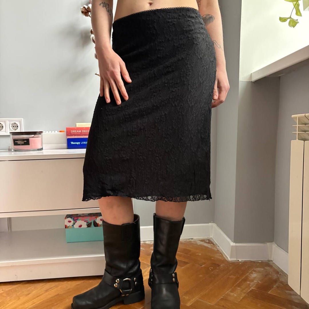 Vintage Black Lace Midi Skirt Y2K Sheer Lace Skirt Soft Grunge ...