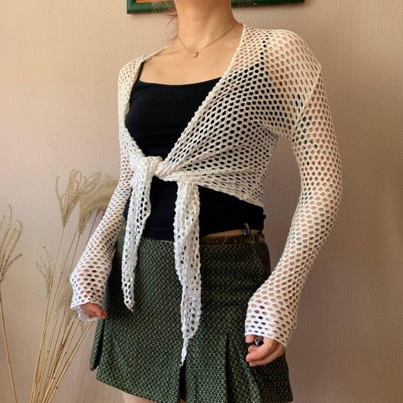 Y2K Vert de Rage White Mesh Net Tie Front Fishnet… - image 5