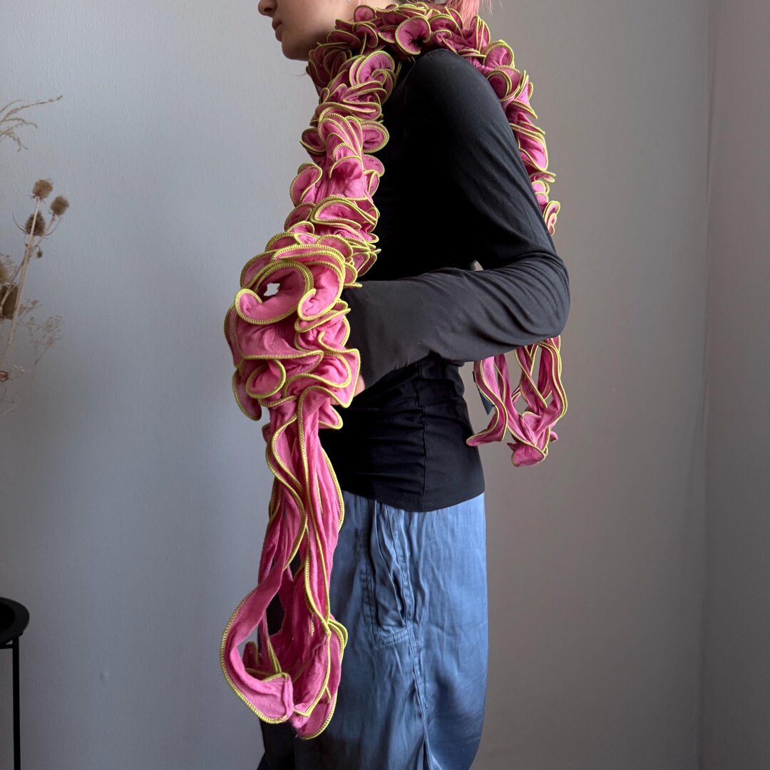 Powder Pink Ruffle Scarf Neon Trim, Statement Long Frill Scarf, Avant ...