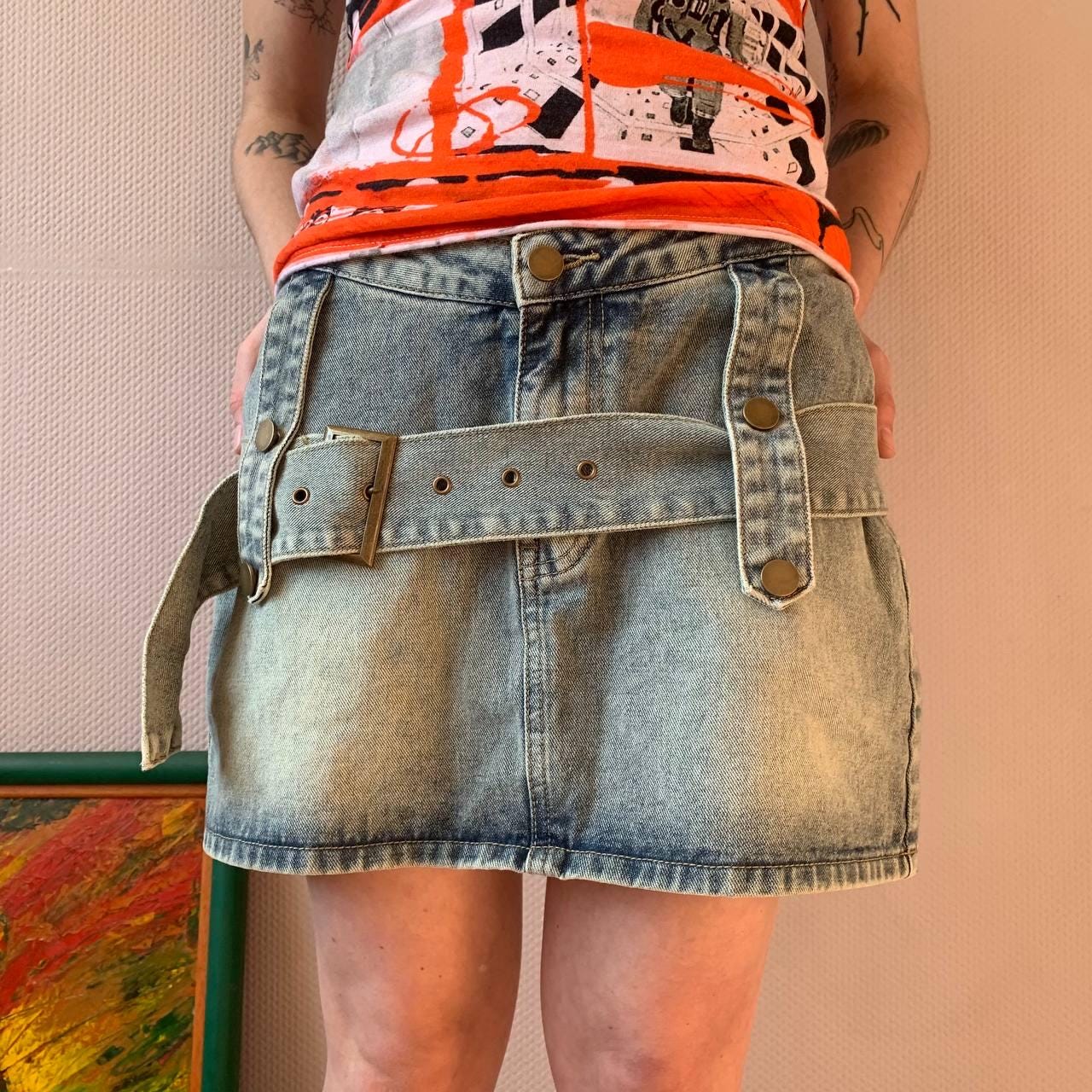 ヴィンテージ Y2K 色あせたデニムスカート、ショートパンツ、ベルト