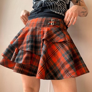 Plaid Punk Skirt, Y2K Layered Mini, Grunge Red Tartan Kilt, Streetwear Academia Aesthetic, Buckle Detail, Indie M-S