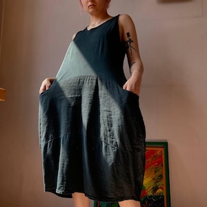 Vintage Black Patchwork Sleeveless Dress: Y2K Grunge Smock