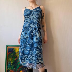 90s/2000s Blue Mesh Dress with Abstract Floral Print – More & More – EU 38